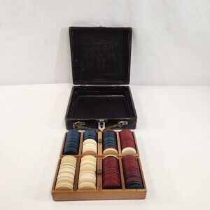 Vintage Clay & Plastic Poker Chips Lot of 200 w/ Box Plain Blue Red White